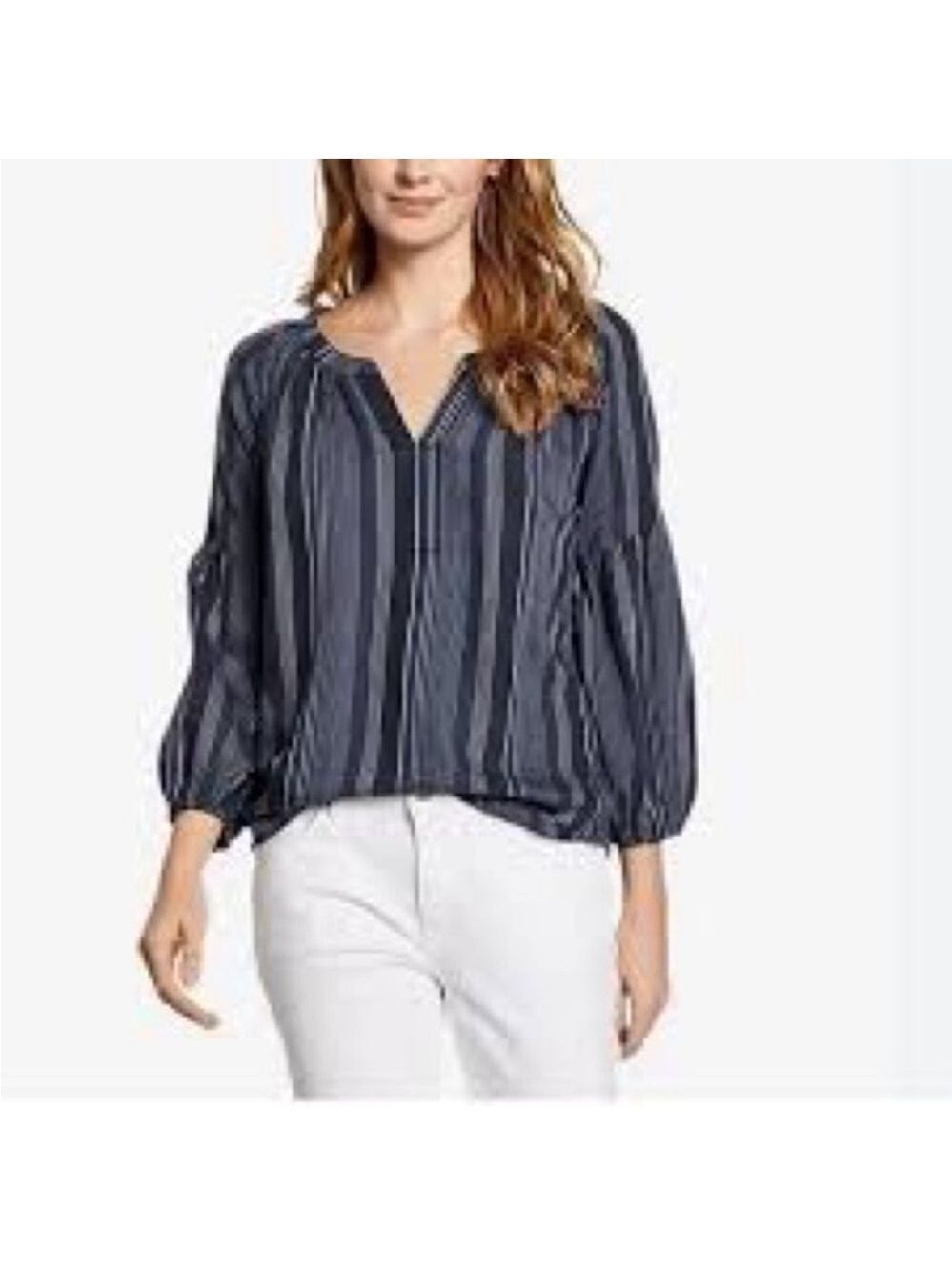 Eddie Bauer Navy Striped Popover Peasant 3/4 Sleeve Blouse, size XS